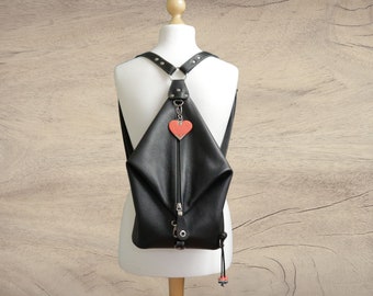 Black leather backpack purse, triangular convertible shoulder bag for women