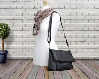 Bolso de piel plegable, bolso cruzado plegable para mujer, bolso de hombro, suave bolso de mano convertible para uso diario en color negro