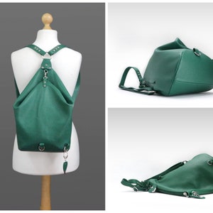 Green leather backpack purse, 3 in 1 convertible shoulder bag for women in avocado color image 9