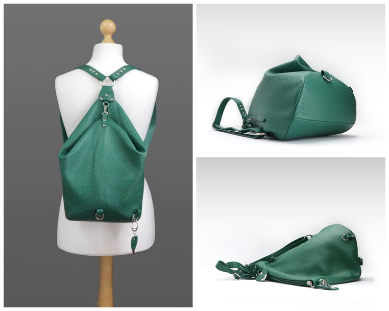 Green leather backpack purse, 3 in 1 convertible shoulder bag for women in avocado color image 9