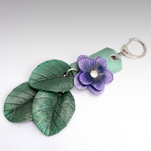 Leather bag charm, handbag decoration, molded handpainted leather violet  8&quot; pendant zipper pull