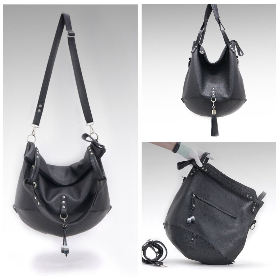 Black Leather crossbody bag large slouchy women hobo shoulder Etsy