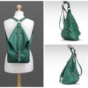 Green leather backpack purse, 3 in 1 convertible shoulder bag for women in avocado color image 10