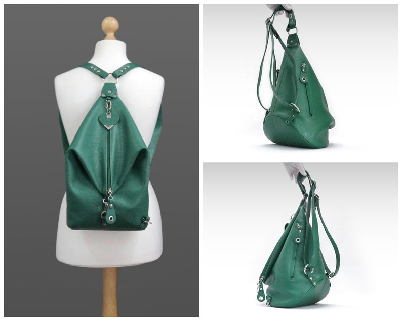 Green leather backpack purse, 3 in 1 convertible shoulder bag for women in avocado color image 10