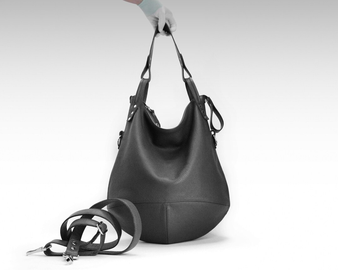 Black Leather Hobo Bag Crossbody Women Slouchy Zippered Etsy