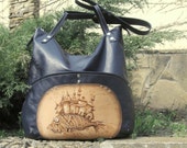 Blue Leather bag painted bag navi leather handbag hobo bag shoulder bag burning leather pyrography purse art designer bag Birthday gift