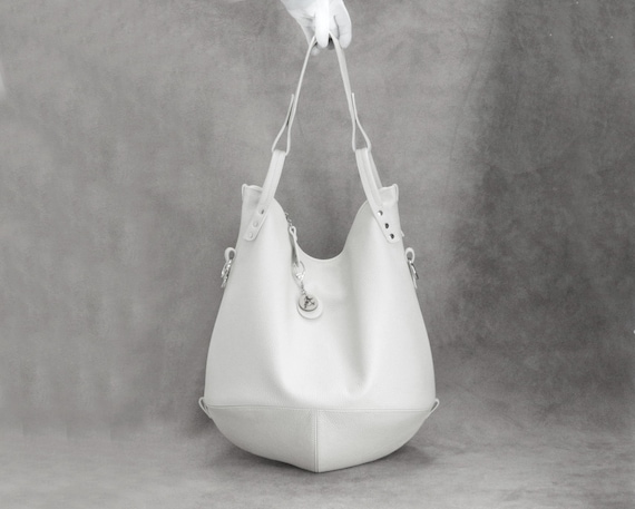 Leather Slouchy Bag, White Crossbody Women Hobo Handbag