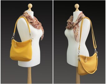 Yellow leather hobo bag, Zip top women shoulder purse, crossbody zip pocket handbag