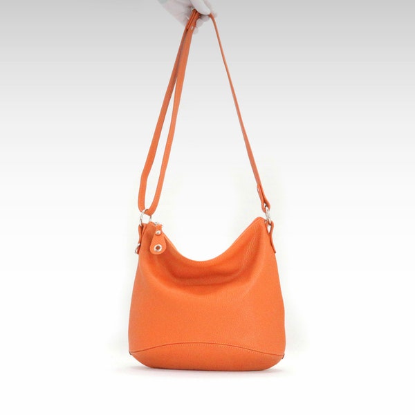 Leather hobo bag, orange slouch handbag for women, crossbody purse