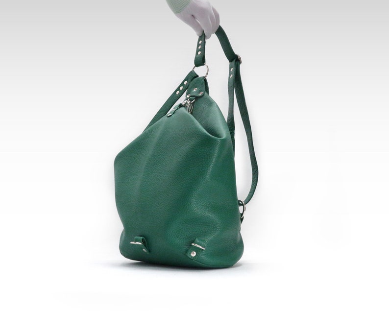 Green leather backpack purse, 3 in 1 convertible shoulder bag for women in avocado color image 3