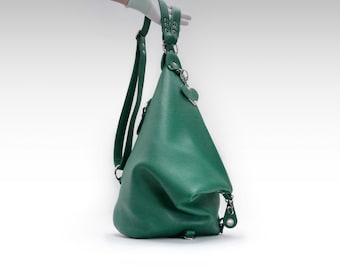 Green leather backpack purse, 3 in 1 convertible shoulder bag for women in avocado color