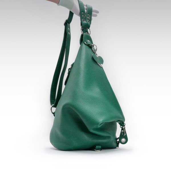 Green leather backpack purse, 3 in 1 convertible shoulder bag for women in avocado color