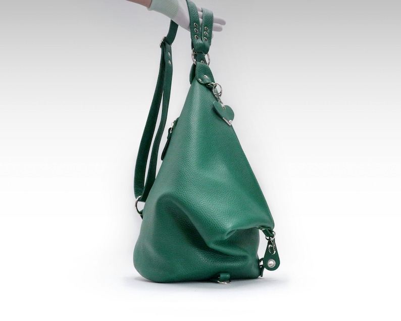 Green leather backpack purse, 3 in 1 convertible shoulder bag for women in avocado color image 1