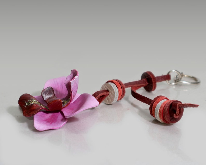 Leather bag charm 7 pendant zipper pull handbag decoration molded handpainted leather orchid