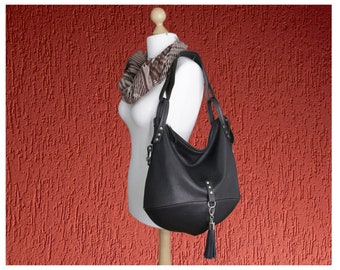 Black leather hobo bag, soft large women handbag,  detachable strap crossbody purse