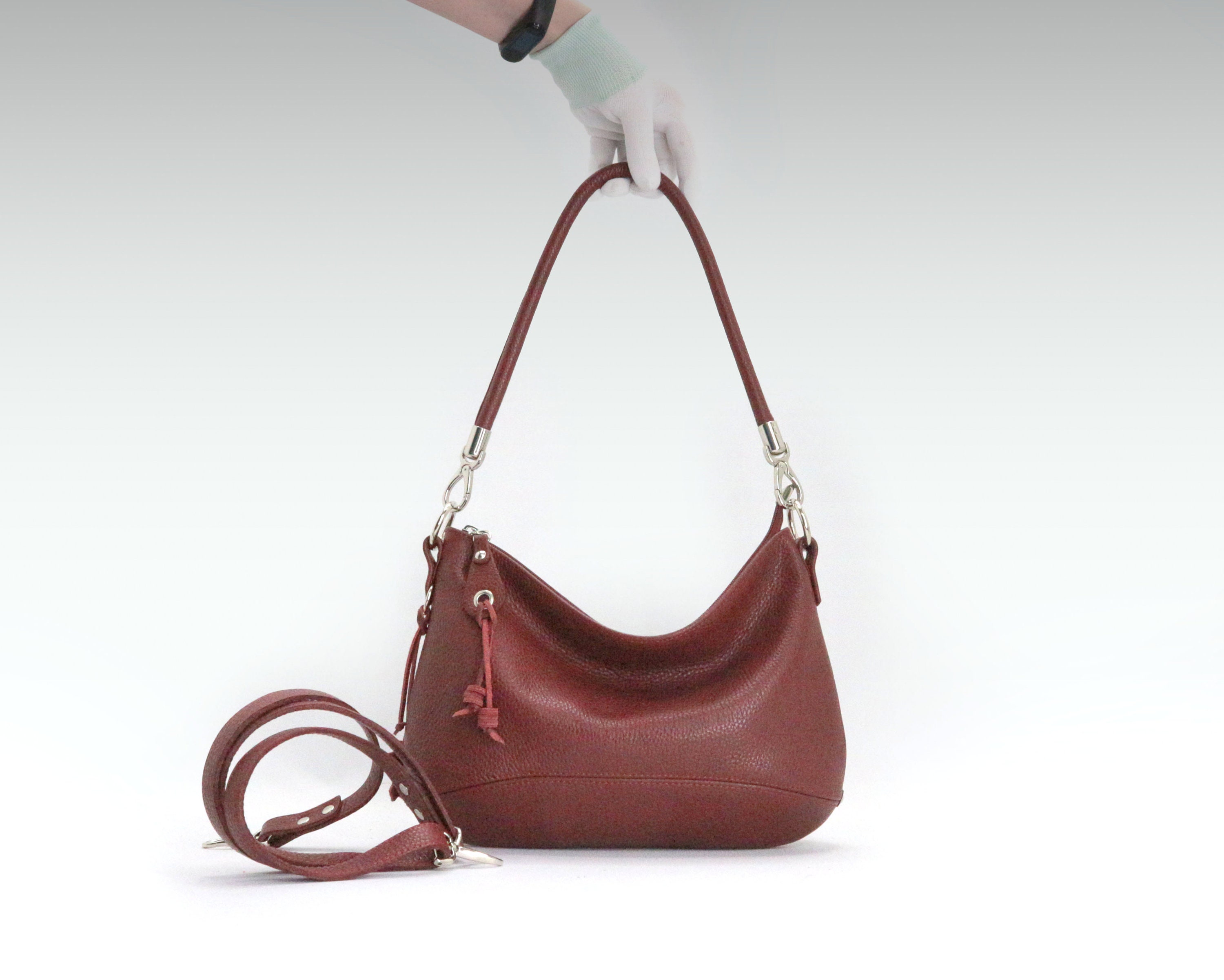 Leather Hobo Bag, Zippered Crossbody Casual Purse, Women's Handbag in