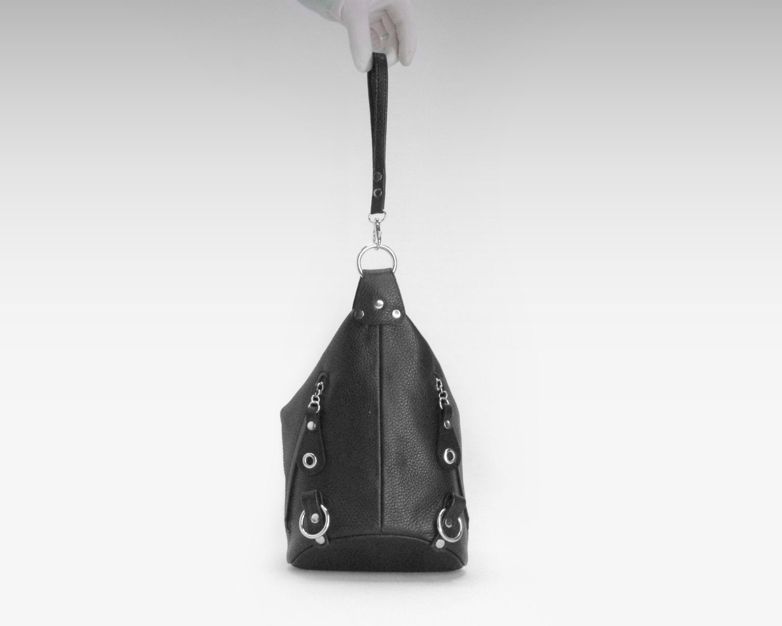 Black Leather Backpack Purse Triangular Convertible Shoulder Etsy