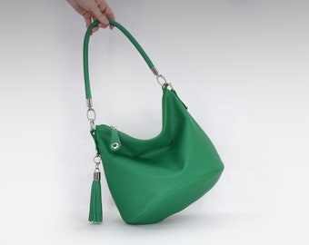 Green leather bag, zipper Hobo Crossbody casual purse, women's handbag
