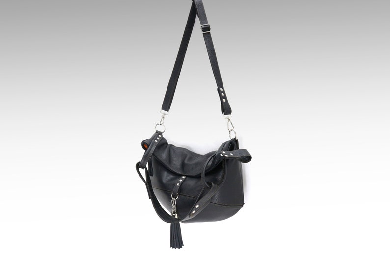 Black leather hobo bag crossbody women slouchy zippered Etsy
