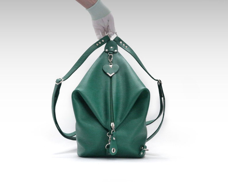 Green leather backpack purse, 3 in 1 convertible shoulder bag for women in avocado color image 2