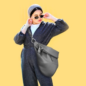 Leather sling bag, XXL women's leather purse, soft leather fanny pack, Oversized bum bag in dark gray