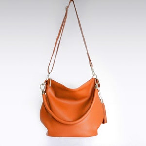 Orange Leather handbag, leather shoulder bag, woman everyday casual hobo purse