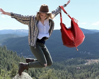 Red leather hobo bag, women crossbody  purse , large slouchy zipper shoulder bag