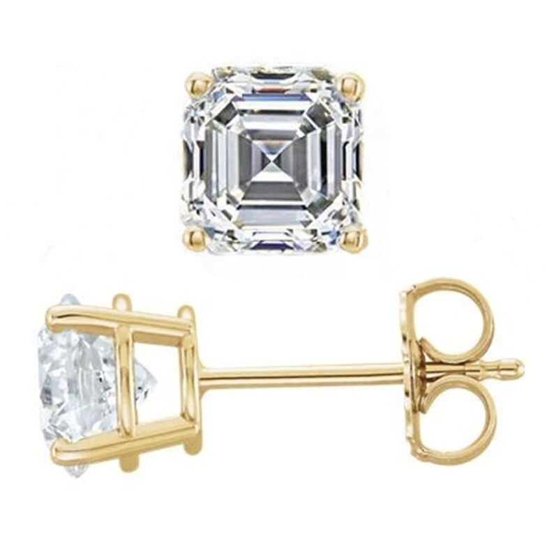 Earrings Asscher Cut Push Back Post Studs Solid 14K Gold Etsy