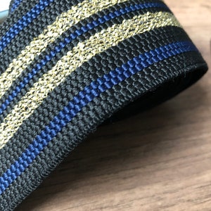 Belt elastic, Elastic Waistband,2.4 in (6 cm) wide soft waistband elastic, Gold and Blue striped black elastic