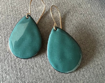 Handmade Delft Blue Green Glass Enamel Earrings, Custom Sterling Silver Ear Wires, Gift For Her