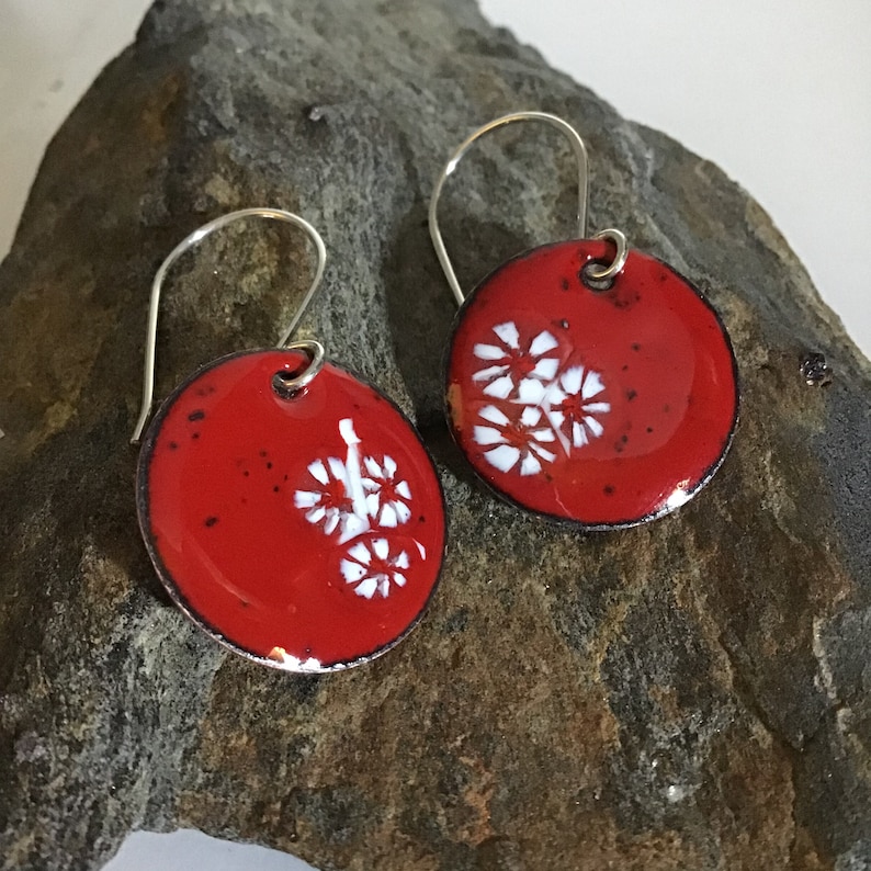Sterling Silver Ear Wires Handmade Enamel Earrings Floral Design Red Round Earrings with White Flower Design Gift for Her