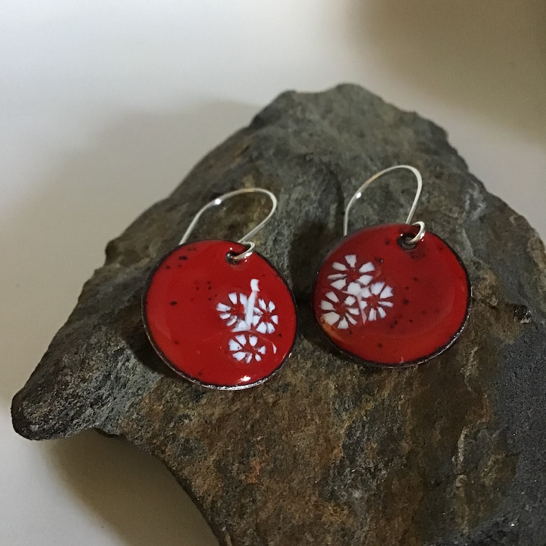 Sterling Silver Ear Wires Handmade Enamel Earrings Floral Design Red Round Earrings with White Flower Design Gift for Her