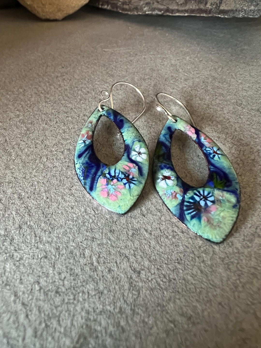 Green Enamel Cat Eye Earrings, With Blue Accent and Flowers, Custom ...