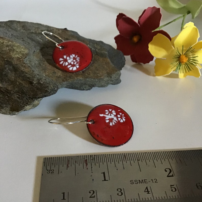 Sterling Silver Ear Wires Handmade Enamel Earrings Floral Design Red Round Earrings with White Flower Design Gift for Her