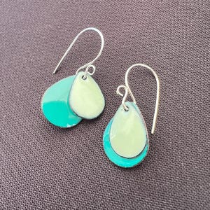 2 Layer Teardrop Earrings, Handmade Enamel, Soft Green Over Teal Green-Blue, Custom Sterling Silver Ear Wires, Gift for Her
