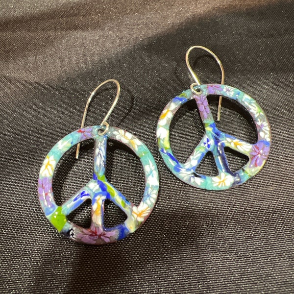 Purple Flowers on Blue Base Peace Signs with Floral Design, Custom Sterling Silver Ear Wires