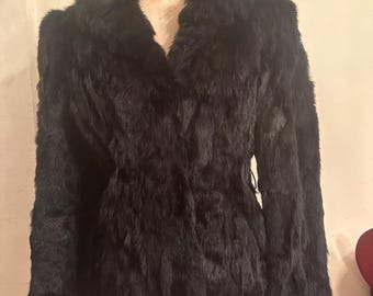 Vintage black fitted rabbit fur coat fit flair sz M