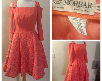 Vintage couture hand stitched 1950s hand embroidered full tulle beautiful coral cocktail dress made in Italy by Morbar size IT 44 , US 8, M