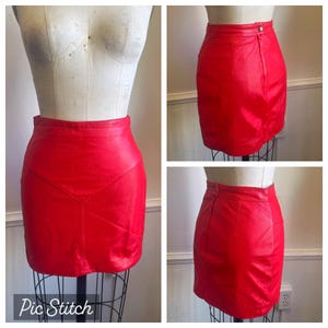 vintage 80s 90s real leather fitted lipstick red mini skirt High waisted bodycon lambs leather sz 2 XS
