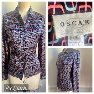 vintage silk 70s oscar de la Renta button down blouse geometric pattern ! Sz 4