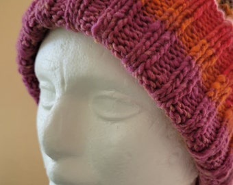 Wool watch cap handknit with artisan Noro wool yarn designed by Eisake Noro, famous for hand dyed yarn in subtle colors based on nature