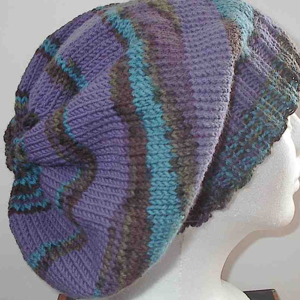 wool knit slouchy beanie in easy-care machine washable wool; soft and beautiful variegated purple, woodland brown and teal.