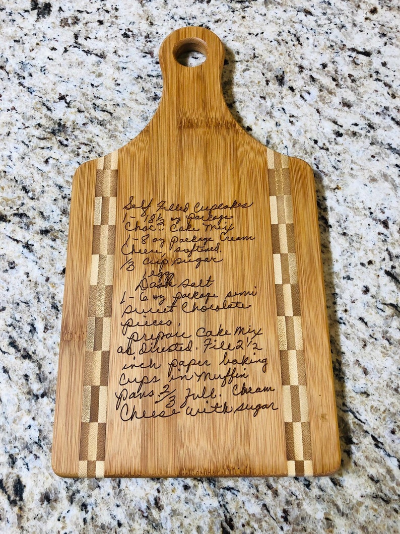 Custom Engraved Bamboo Cutting Board with name, design or recipe Paddle Inlay 7x13.5