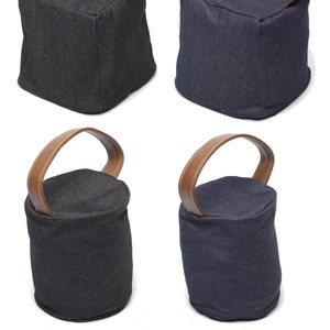 Denim Doorstop Cover with Faux Leather Handle (Cube or Cylinder) available in Black or Indigo colour options