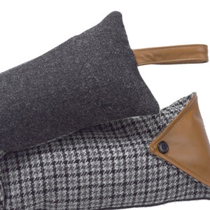 Harris Tweed Draught Excluder with Leather Detail - Ebony Hounds with Dark Grey Backing