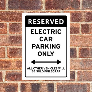 Warning Electric Car Parking Only Sign Funny Joke Sticker Wall Garage Vehicle EV Charger Retro Vintage Reserved