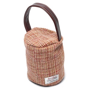 Harris Tweed 100% Pure New Wool Round Doorstop Cover with Real Leather Handle - Calluna Salmon