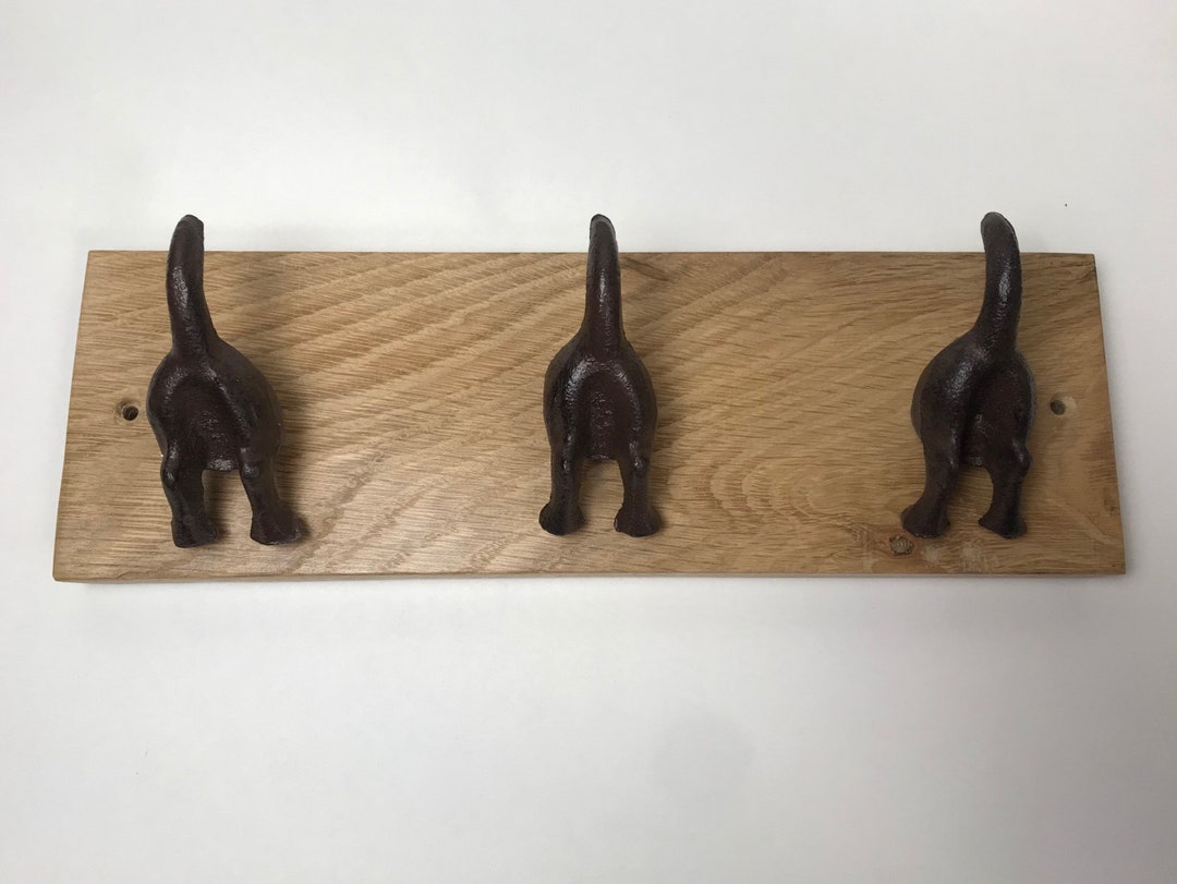 Cast Iron Dog Tail Coat Hooks on Waxed Wooden Oak Board 8 Size Options