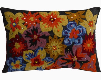 Luxurious Colourful Floral Sewn On Flowers Floral Cushion Cover With Faux Silk Back (12" x 18") Feather Inner