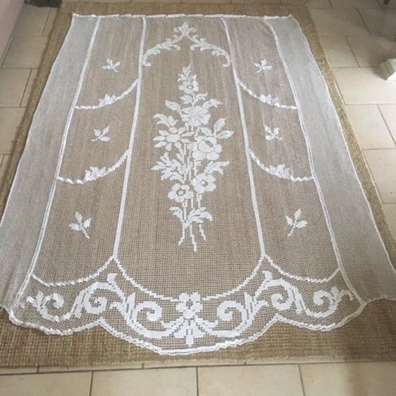 French Vintage Ecru Lace Bedspread Or Curtain With Romantic Etsy